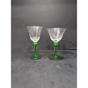 Tiffin Green Stem Cordials Festoon Optic Wine Uranium Vintage Stemware, Set of 2